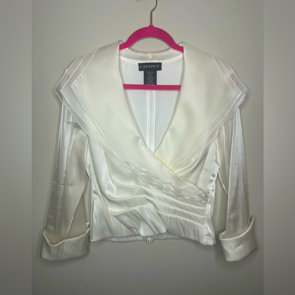 Vintage Cachet 90’s Silky Satin Pearlescent 3/4 Sleeve White Blouse Top Size M 8